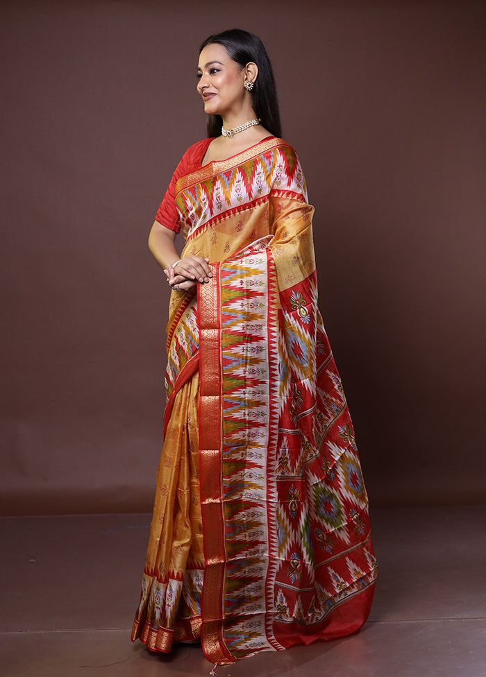 Yellow Printed Pure Silk Saree Without Blouse Piece