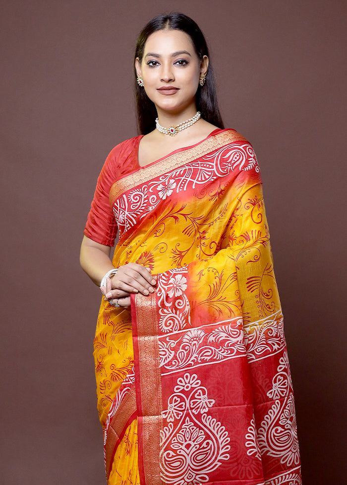 Yellow Printed Pure Silk Saree Without Blouse Piece