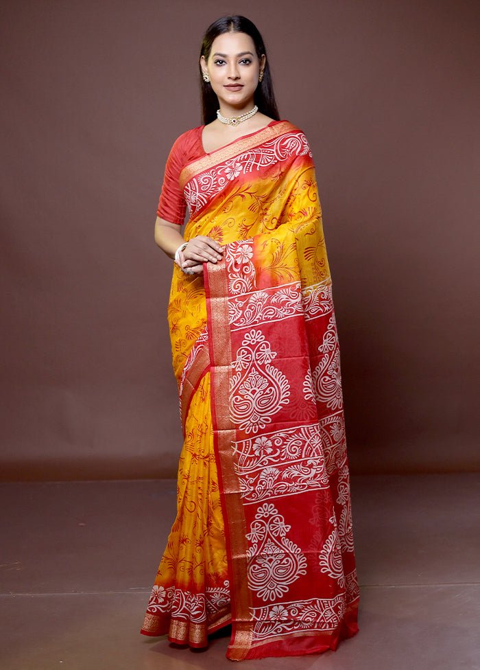 Yellow Printed Pure Silk Saree Without Blouse Piece