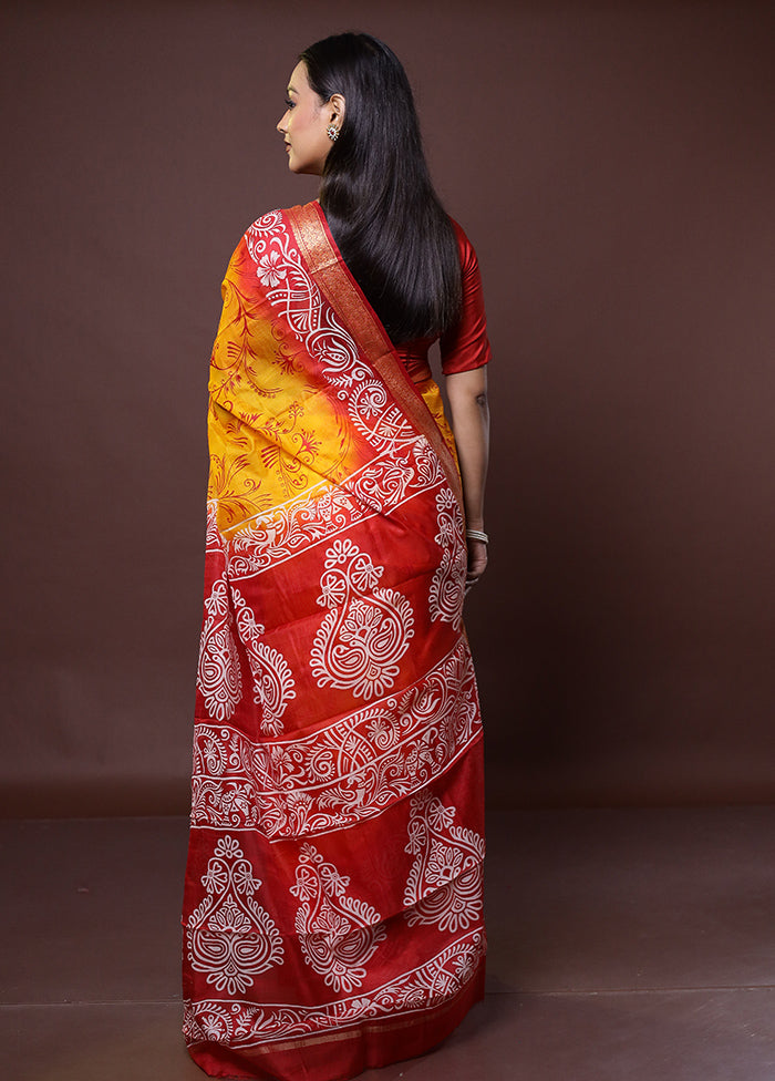 Yellow Printed Pure Silk Saree Without Blouse Piece