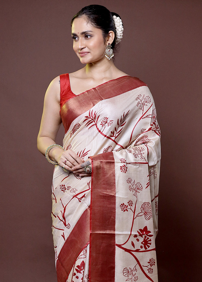 Cream Handloom Tussar Pure Silk Saree With Blouse Piece