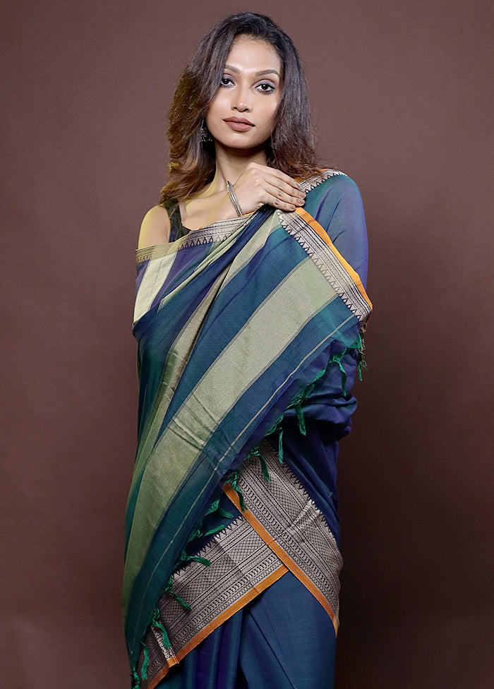 Blue Cotton Saree With Blouse Piece