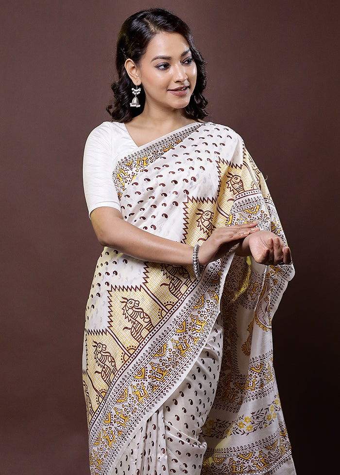 White Pure Bishnupuri Silk Saree Without Blouse Piece