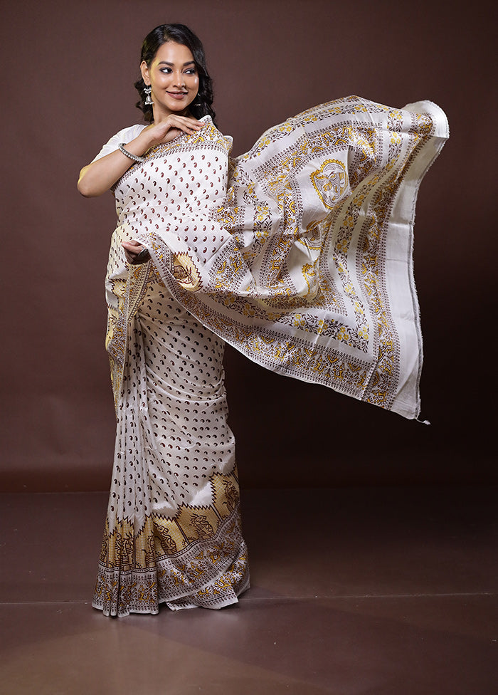 White Pure Bishnupuri Silk Saree Without Blouse Piece