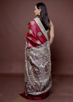 Maroon Printed Pure Silk Saree Without Blouse Piece