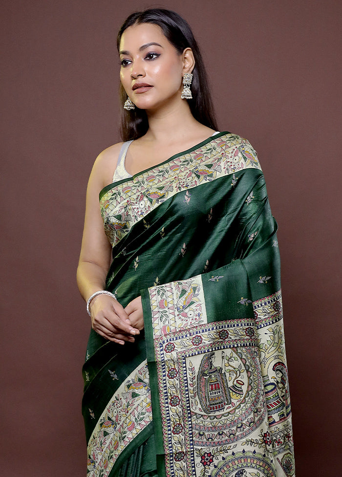 Green Printed Pure Silk Saree Without Blouse Piece