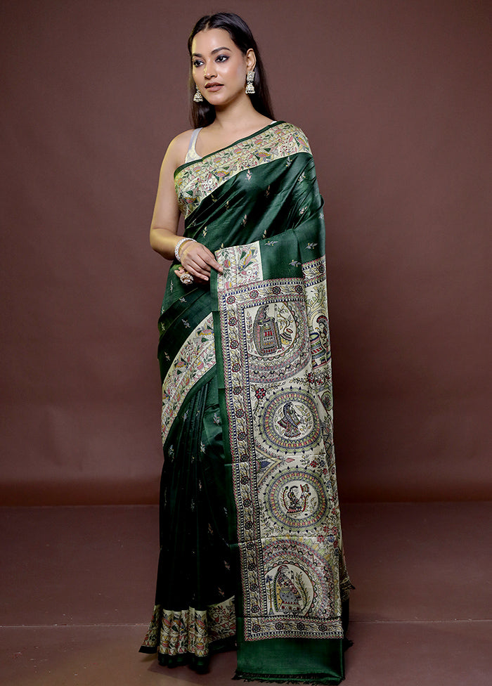 Green Printed Pure Silk Saree Without Blouse Piece