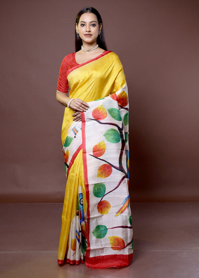 Yellow Printed Pure Silk Saree Without Blouse Piece