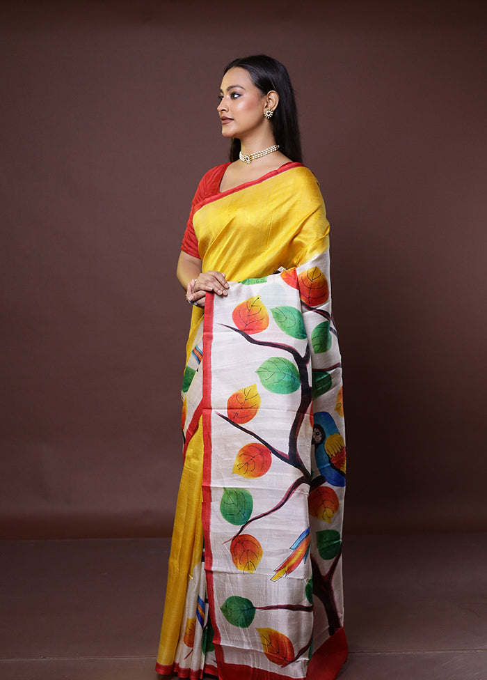 Yellow Printed Pure Silk Saree Without Blouse Piece