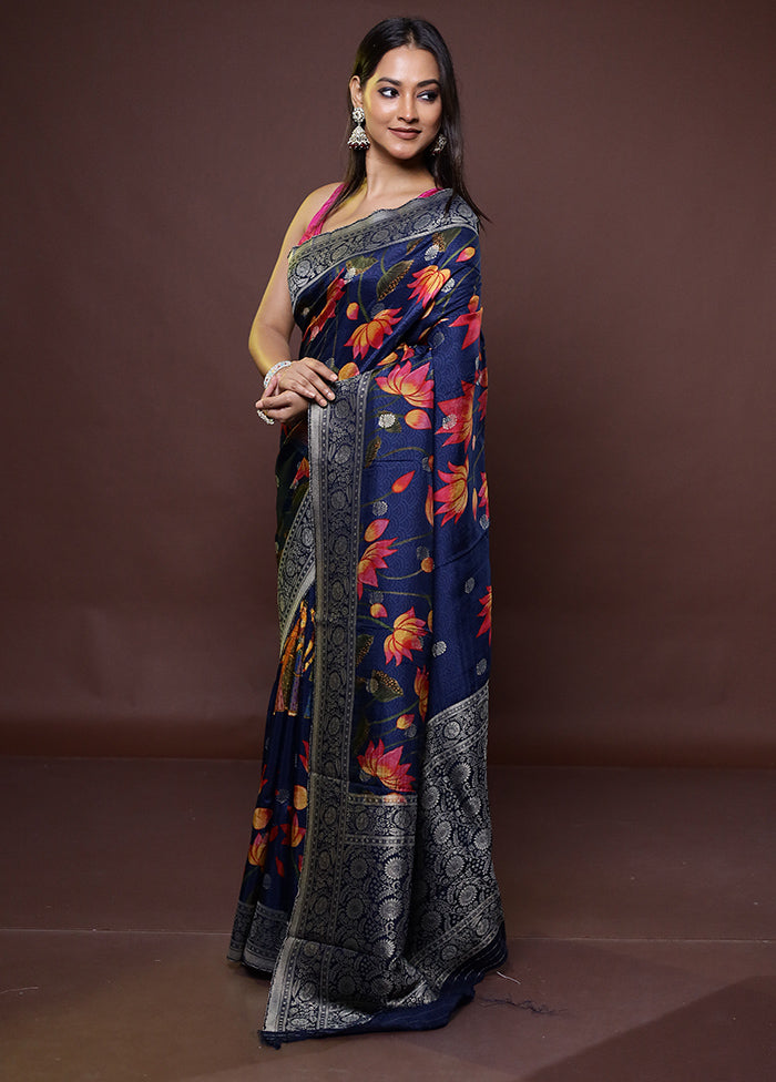 Blue Chanderi Cotton Saree With Blouse Piece