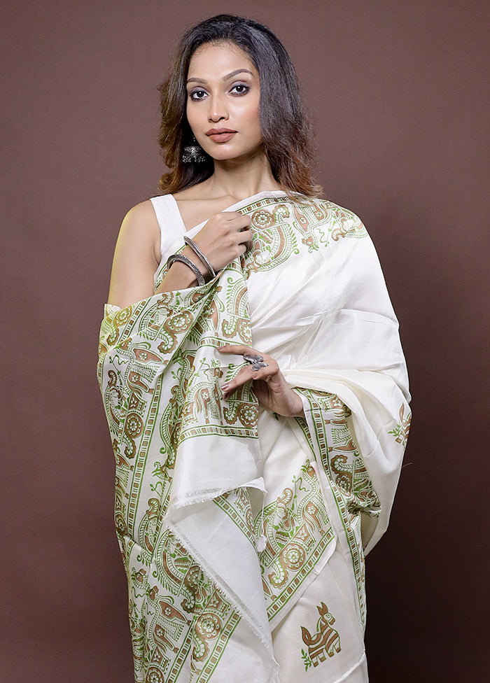 White Pure Bishnupuri Silk Saree Without Blouse Piece