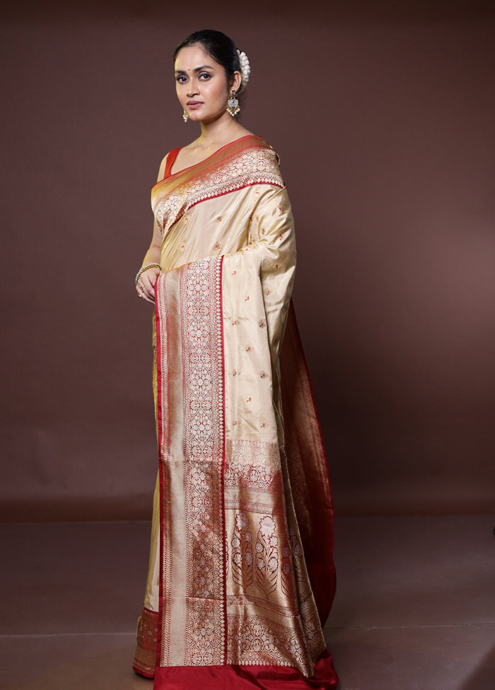 Cream Handloom Katan Pure Silk Saree With Blouse Piece