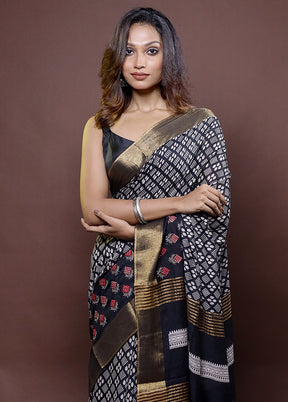 Black Chanderi Cotton Saree With Blouse Piece