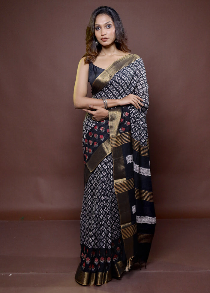 Black Chanderi Cotton Saree With Blouse Piece