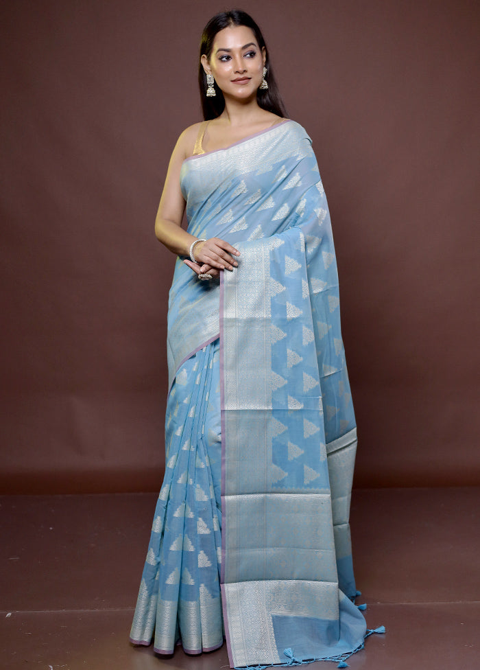 Blue Cotton Saree With Blouse Piece