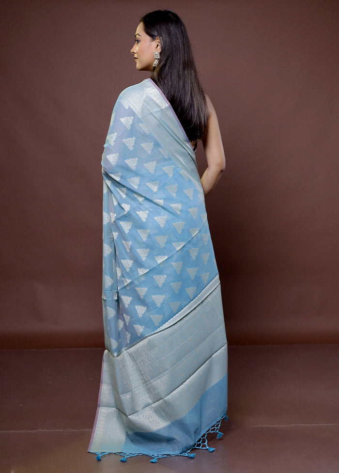 Blue Cotton Saree With Blouse Piece