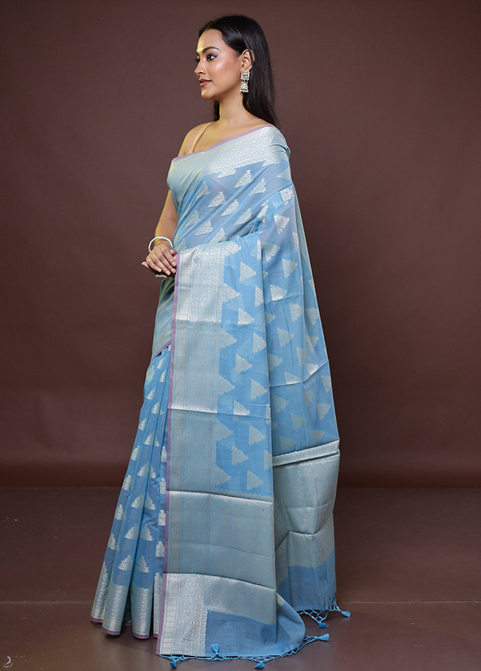 Blue Cotton Saree With Blouse Piece