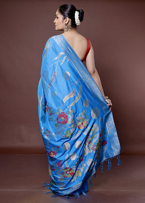 Blue Dupion Silk Saree With Blouse Piece