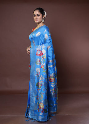 Blue Dupion Silk Saree With Blouse Piece