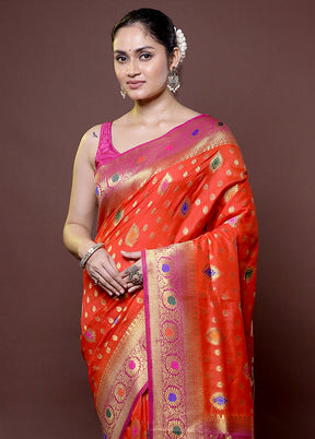 Rust Dupion Silk Saree With Blouse Piece