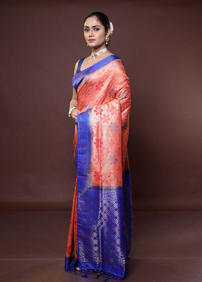 Peach Dupion Silk Saree With Blouse Piece