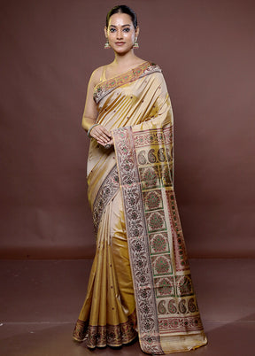 Cream Handloom Baluchari Pure Silk Saree With Blouse Piece