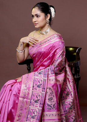 Pink Handloom Baluchari Pure Silk Saree With Blouse Piece