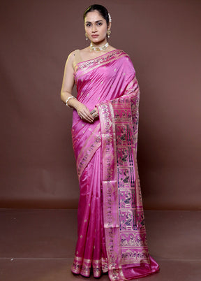 Pink Handloom Baluchari Pure Silk Saree With Blouse Piece