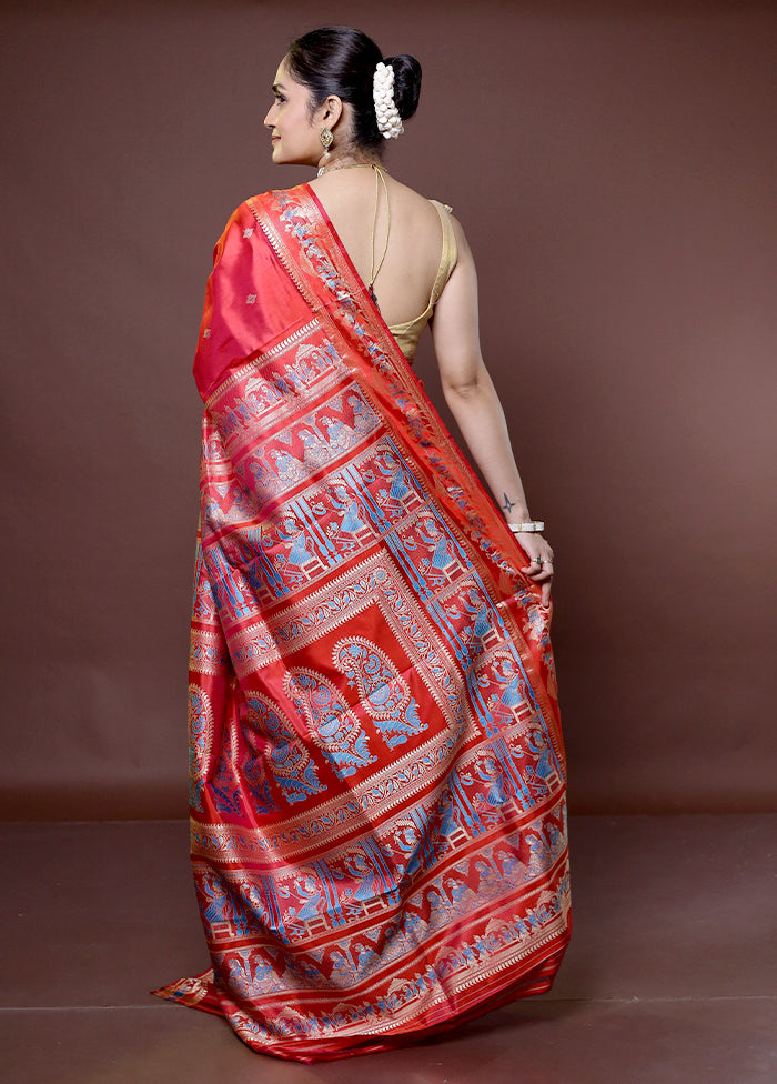 Orange Handloom Baluchari Pure Silk Saree With Blouse Piece