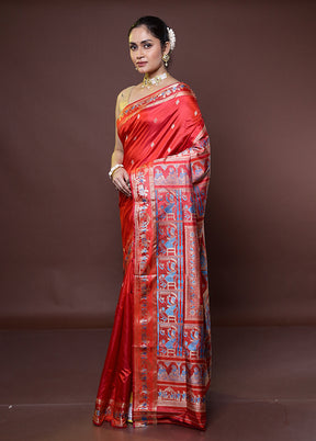 Orange Handloom Baluchari Pure Silk Saree With Blouse Piece