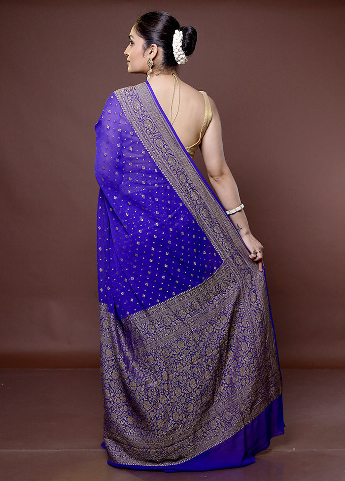 Blue Handloom Pure Georgette Saree With Blouse Piece