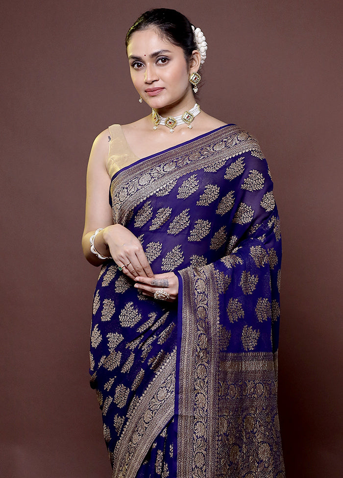 Blue Handloom Pure Georgette Saree With Blouse Piece