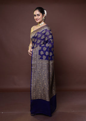 Blue Handloom Pure Georgette Saree With Blouse Piece