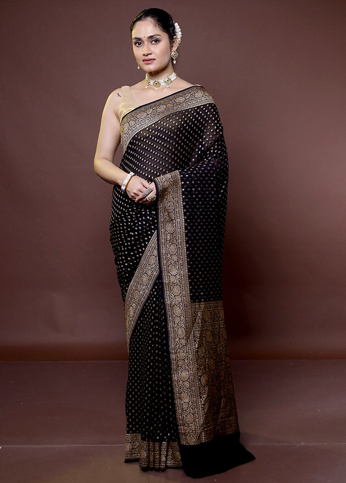 Black Handloom Pure Georgette Saree With Blouse Piece