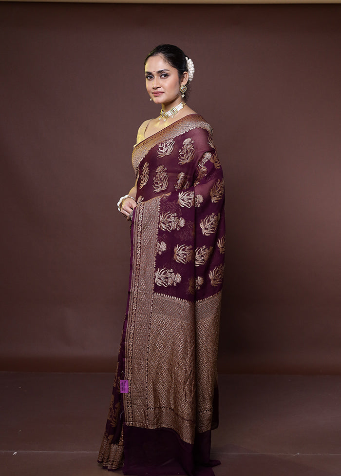 Purple Handloom Pure Georgette Saree With Blouse Piece