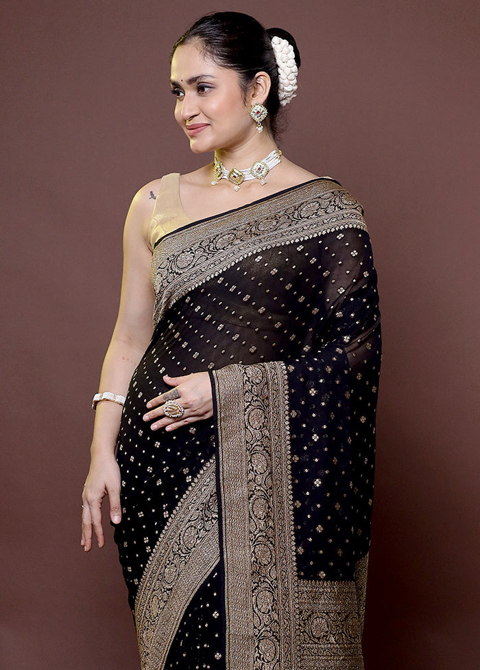 Black Handloom Pure Georgette Saree With Blouse Piece