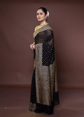 Black Handloom Pure Georgette Saree With Blouse Piece