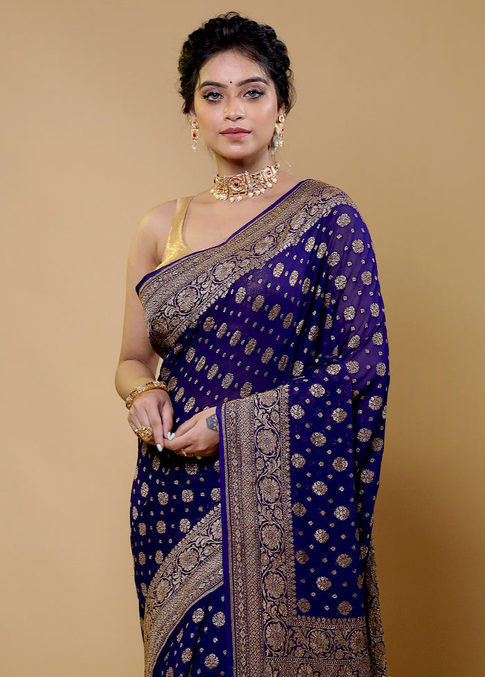 Blue Handloom Pure Georgette Saree With Blouse Piece