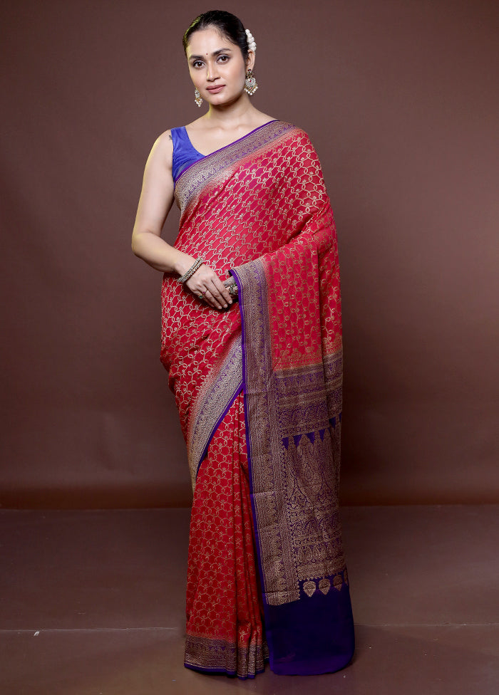 Red Handloom Pure Georgette Saree With Blouse Piece