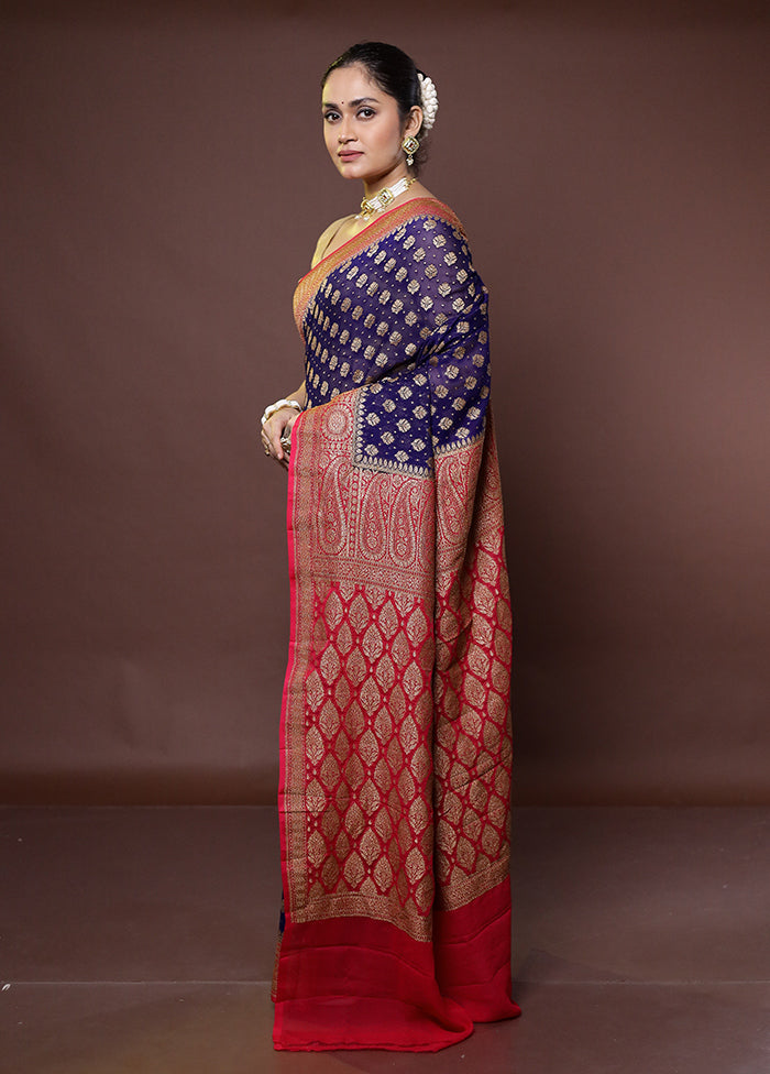 Blue Handloom Pure Georgette Saree With Blouse Piece