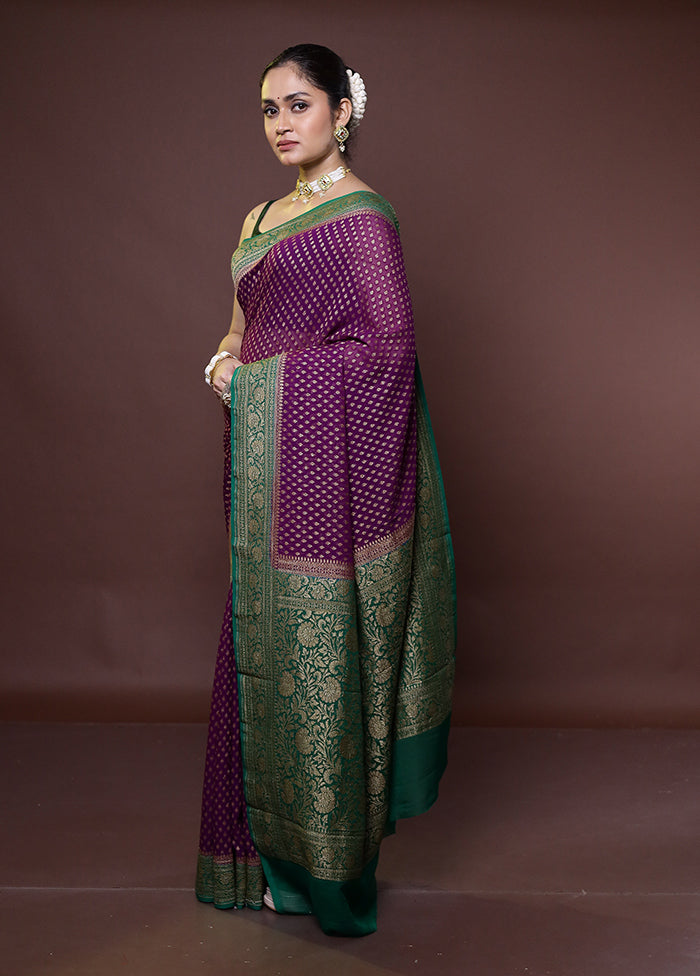 Purple Handloom Pure Georgette Saree With Blouse Piece