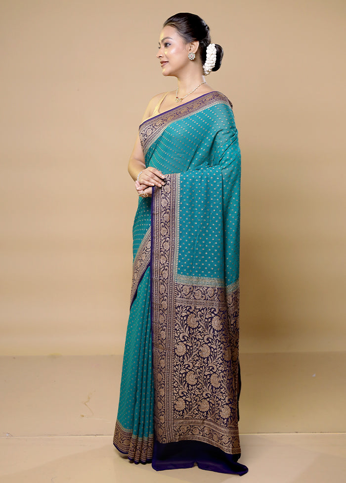 Green Handloom Pure Georgette Saree With Blouse Piece