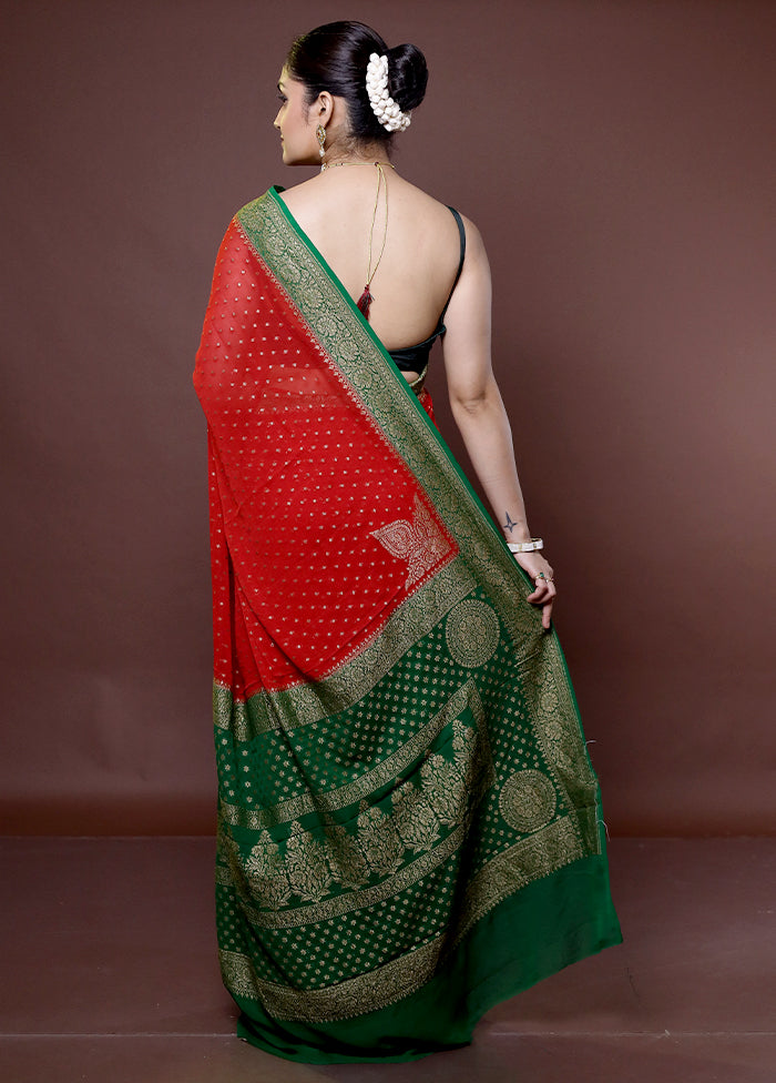 Red Handloom Pure Georgette Saree With Blouse Piece