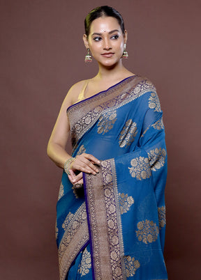 Blue Handloom Pure Georgette Saree With Blouse Piece