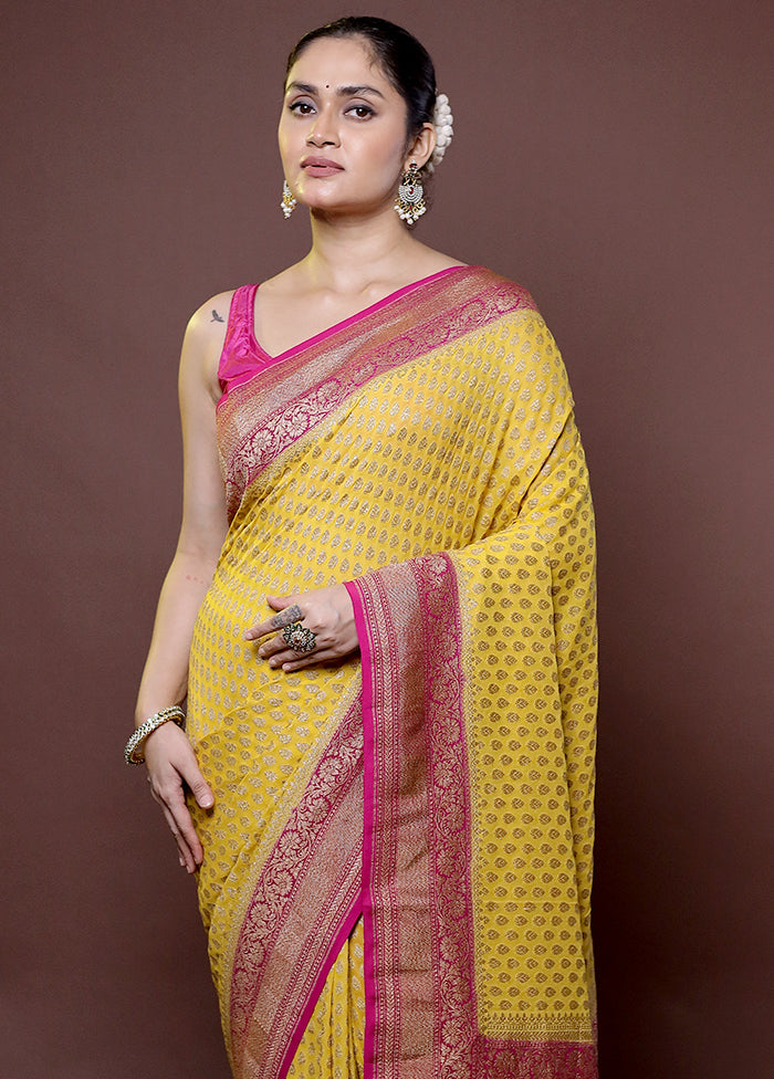 Yellow Handloom Pure Georgette Saree With Blouse Piece