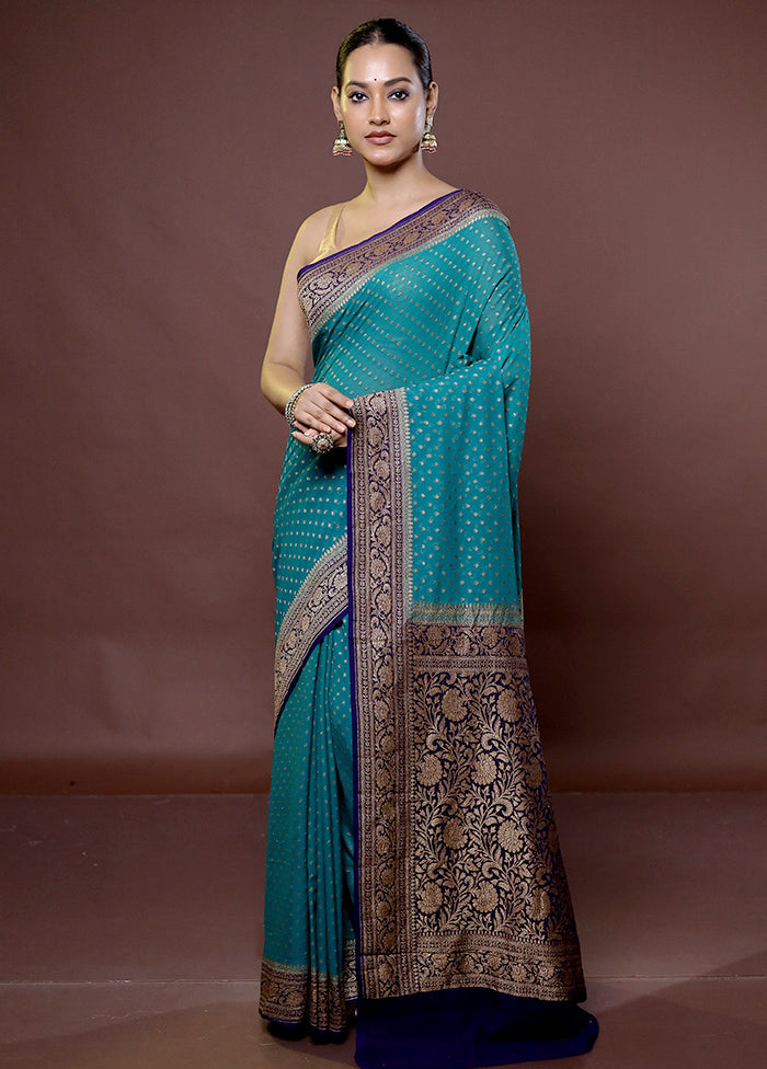 Green Handloom Pure Georgette Saree With Blouse Piece