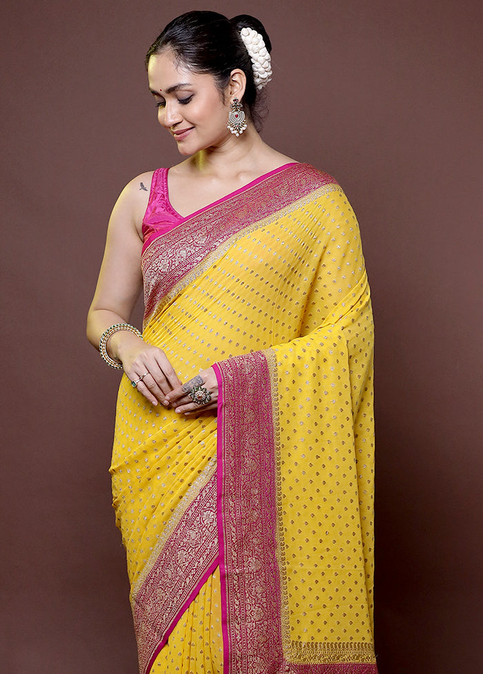 Yellow Handloom Pure Georgette Saree With Blouse Piece