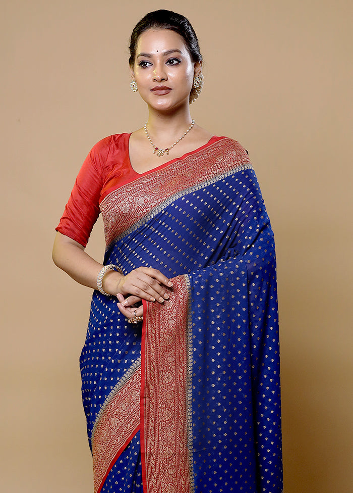 Blue Handloom Pure Georgette Saree With Blouse Piece