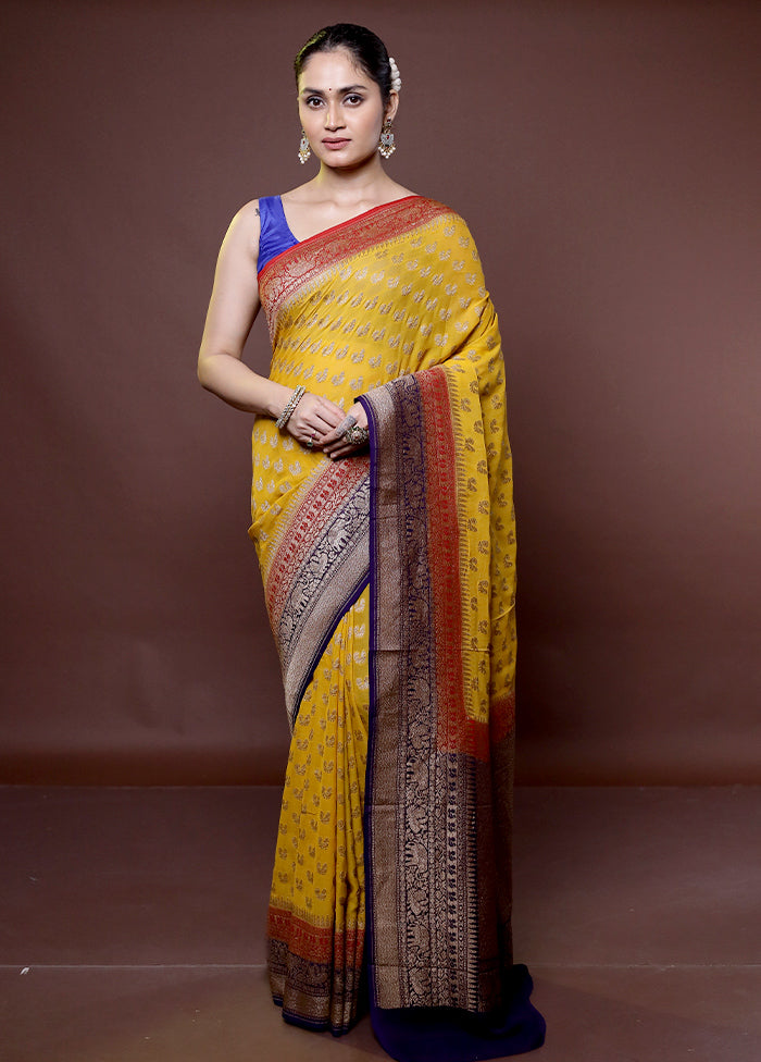 Yellow Handloom Pure Georgette Saree With Blouse Piece