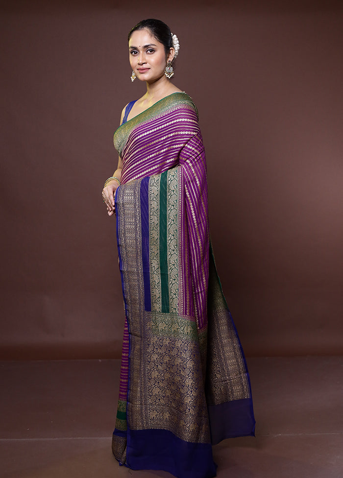 Purple Handloom Pure Georgette Saree With Blouse Piece